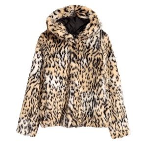 H&M ANIMAL LEOPARD PRINT FAUX FUR HOODED JACKET